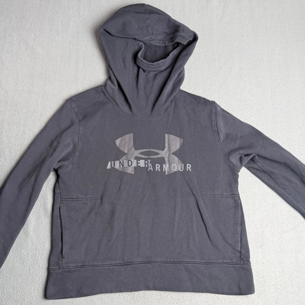 Under Armour Womens Rival Fleece Funnel Neck Hoodie Gray Large‎ Loose Fit Logo